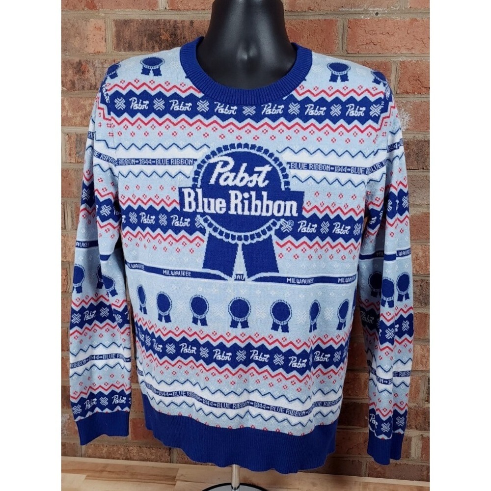 Pabst Blue Ribbon Sweater Mens Size Medium Christmas Holiday Fair Isle Knit